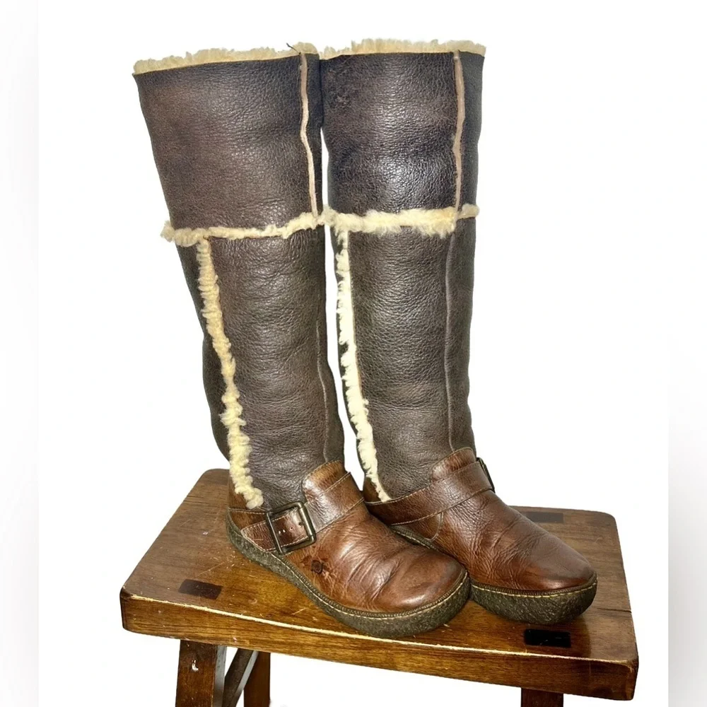Vintage Born Western Leather Shearling Knee High Boots in Brown & Cream, Size 7